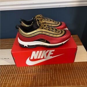 Nike Air Max 97 Red and Gold Athletic Shoes